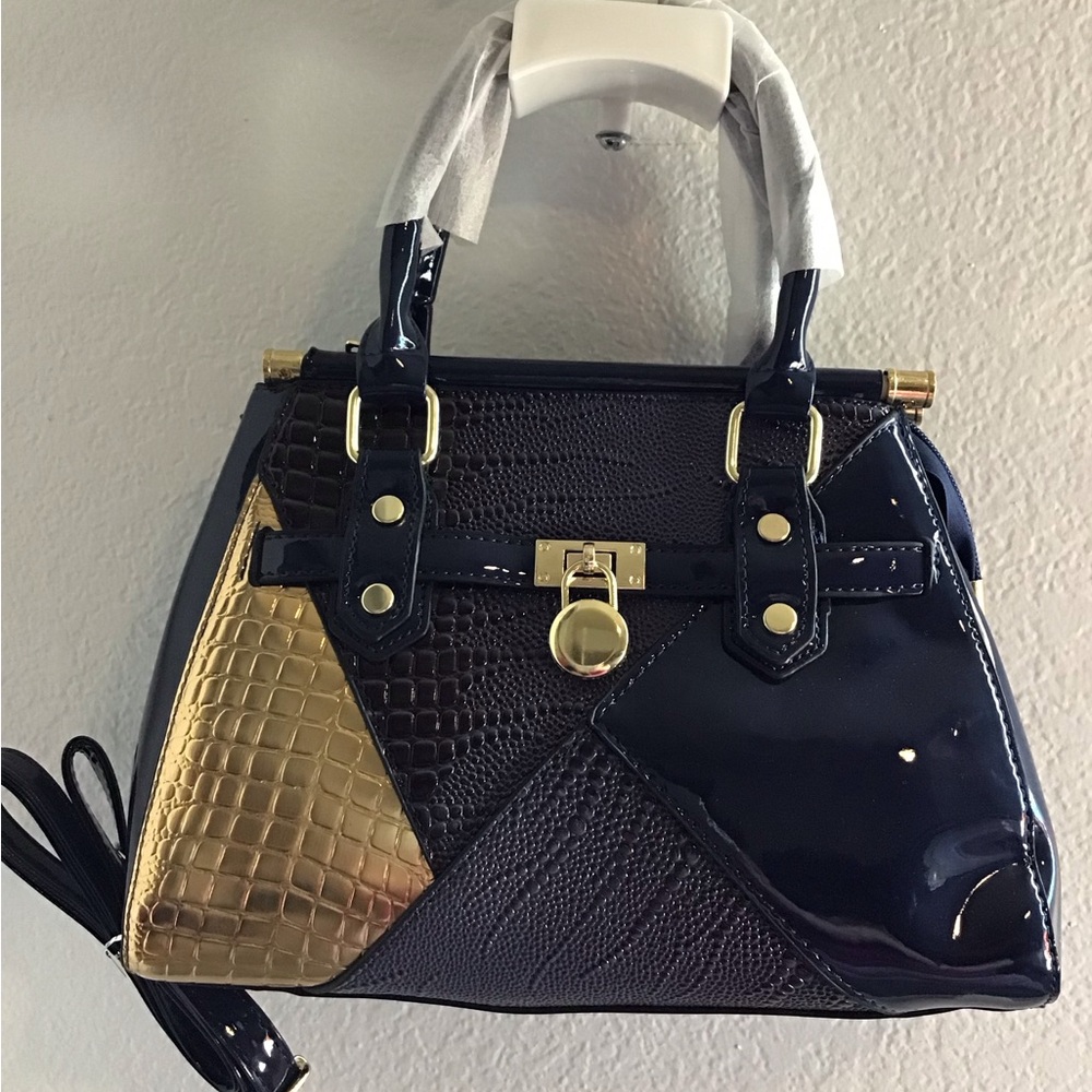 NWOT Blue n Gold Stylish Multi-Texture patent leather Handbag with strap